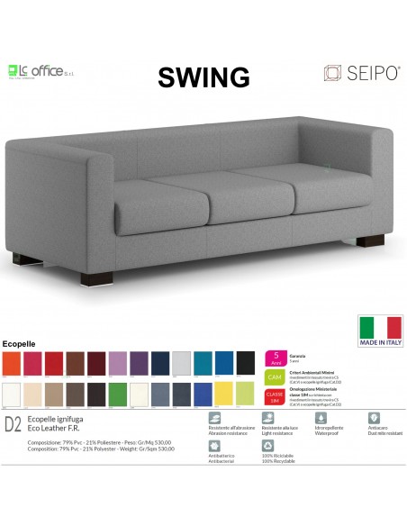 SWING SW0073 Poltrona Divano 3 posti imbottita Base piedi legno verniciato SEIPO ECOPELLE D2