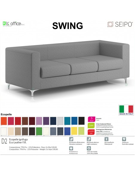 SWING SW0083 divano 3 posti imbottita Base con piedi in acciaio cromato SEIPO ecopelle D2