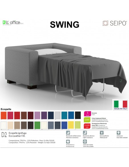 SWING SW91 Poltrona attesa singolo posto imbottita con letto una piazza Base piedi legno verniciato SEIPO Ecopelle D2