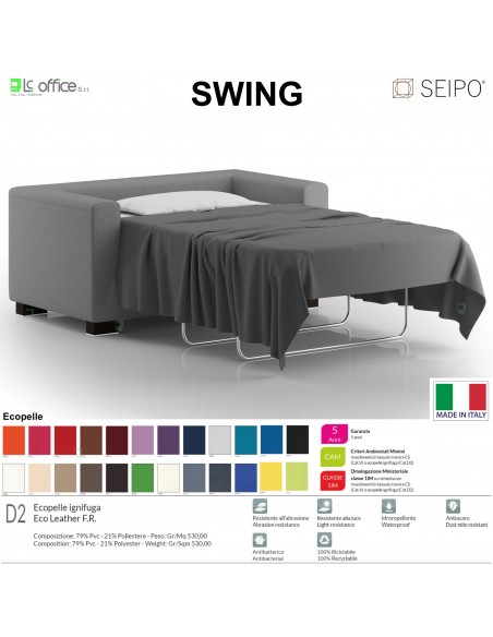 SWING SW0092 DIVANO LETTO 2 POSTI imbottita una piazza Base piedi legno verniciato SEIPO Ecopelle D2