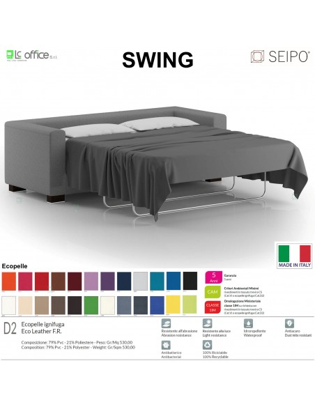 SWING SW0093 DIVANO LETTO 3 POSTI imbottita una piazza Base piedi legno verniciato SEIPO Ecopelle D2