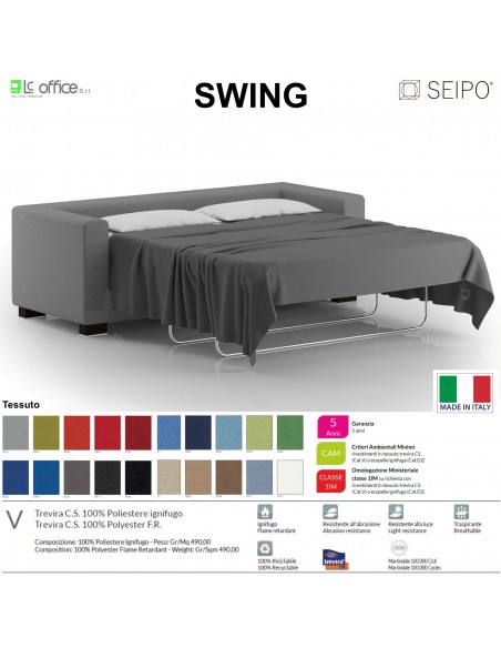 SWING SW0093 DIVANO LETTO 3 POSTI imbottita una piazza Base piedi legno verniciato SEIPO tessuto V