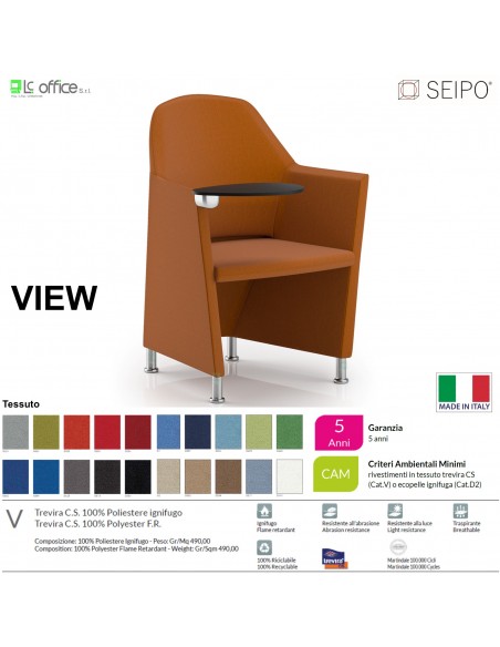 VIEW V0061C Poltrona impilabile orizzontalmente base 4 piedini cromati con tavoletta Seipo tessuto V CLASS 1IM