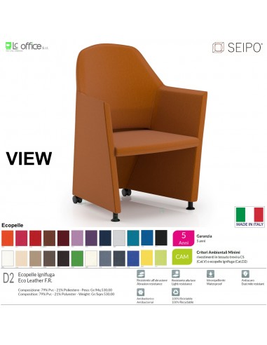 VIEW V0060RP Poltrona impilabile orizzontalmente base Ruote posteriori e piedini anteriori Seipo Ecopelle D2 CLASS 1IM
