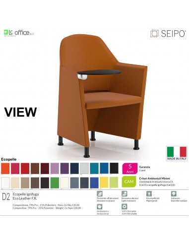 VIEW V0061N Poltrona impilabile orizzontalmente base 4 piedini neri con tavoletta Seipo Ecopelle D2 CLASS 1IM