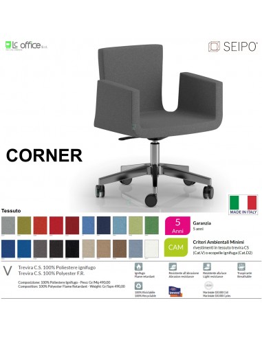 CORNER CR0015 Poltrona girevole base 5 razze con ruote cinque razze in alluminio spazzolato e lucidato tessuto V