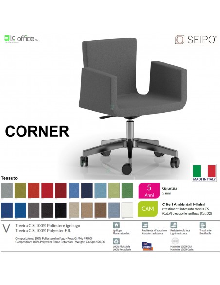 CORNER CR0015 Poltrona girevole base 5 razze con ruote cinque razze in alluminio spazzolato e lucidato tessuto V