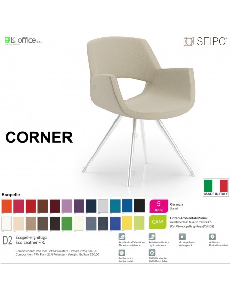 CORNER CR0036 Poltrona girevole Quattro razze in lama di acciaio cromata ecopelle D2 SEIPO