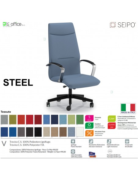 STEEL S0110 Poltrona lavoro direzionale movimento a gas oscillante B imbottita Base 5 razze con ruote SEIPO Tessuto V