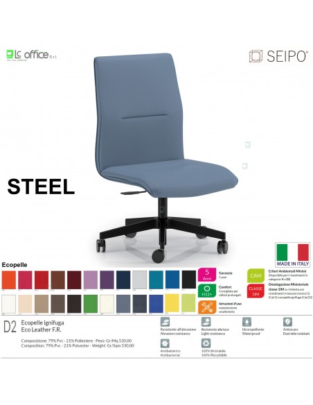 STEEL S0114 Poltrona girevole visitatore Gas "A" imbottita Base 5 razze con ruote SEIPO Ecopelle D2