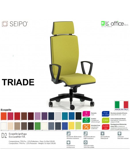 TRIADE TD0041 Poltrona schienale alto con braccioli poggiatesta Movimento sincro "R4" Base 5 razze nylon SEIPO Ecopelle D2