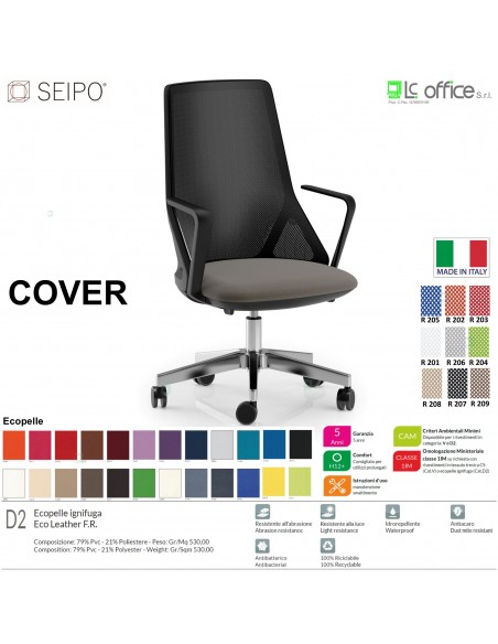 COVER CV0004 Poltrona direzionale schienale rete braccioli fissi oscilante K Black Version Seipo ECOPELLE D2 CLASS 1IM