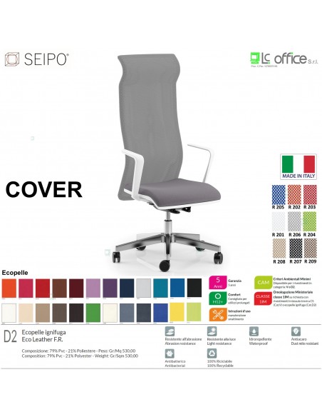 COVER CV0013 Poltrona direzionale schienale rete braccioli fissi sincro F Version BIANCO Seipo Ecopelle D2 CLASS 1IM
