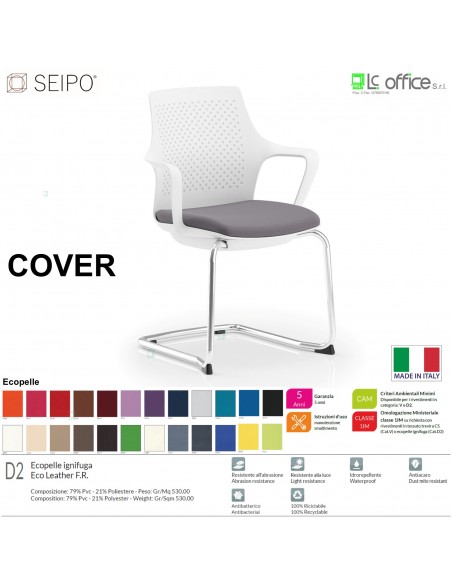 COVER CV0019 Poltrona base slitta cromata braccioli rivestito schienale Version BIANCA Seipo ECOPELLE D2 CLASS 1IM