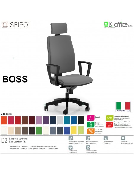 BOSS BS0001 poltrona direzionale schienale imbottito con poggiatesta e braccioli fissi movimenti R4 ECOPELLE D2 SEIPO