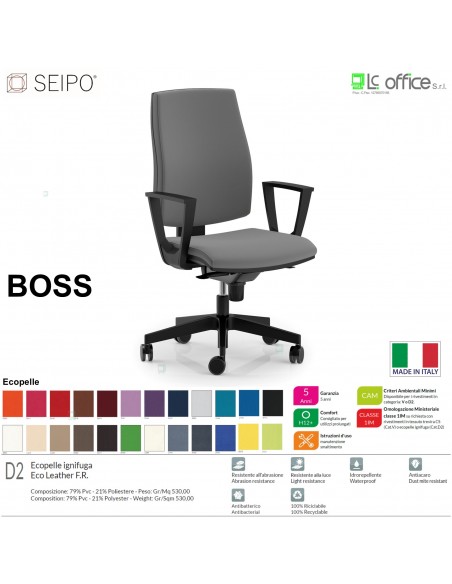 BOSS BS0005 poltrona direzionale schienale imbottito braccioli fissi movimenti R4 ECOPELLE D2 SEIPO