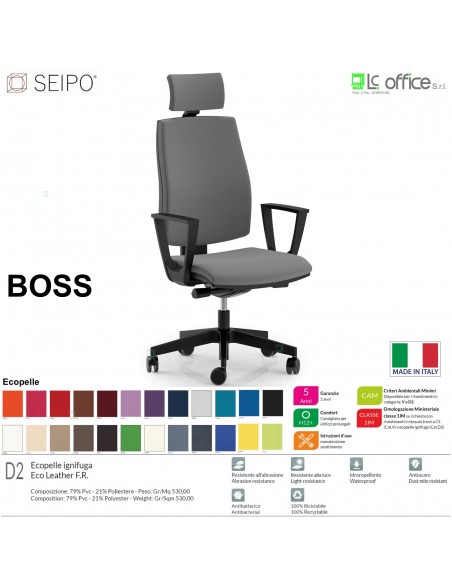 BOSS BS0002 poltrona direzionale schienale imbottito con poggiatesta e braccioli fissi movimenti Z ECOPELLE D2 SEIPO