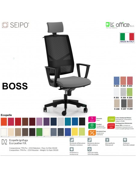 BOSS BS0021 poltrona direzionale schienale rete con poggiatesta e braccioli fissi movimenti R4 ECOPELLE D2 SEIPO
