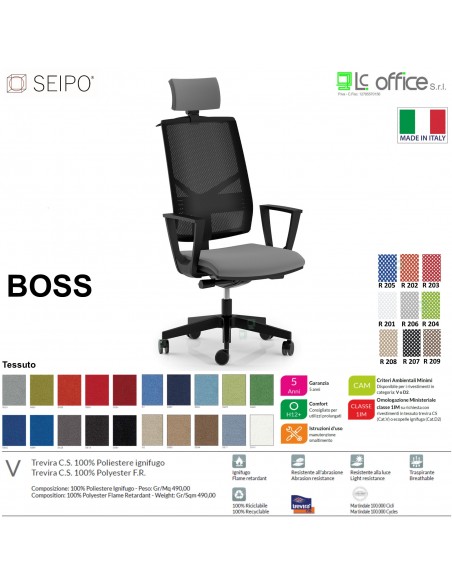 BOSS BS0022 poltrona direzionale schienale rete con poggiatesta e braccioli fissi movimenti Z tessuto V SEIPO