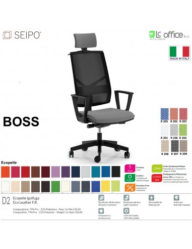 BOSS BS0022 poltrona direzionale schienale rete con poggiatesta e braccioli fissi movimenti Z ECOPELLE D2 SEIPO