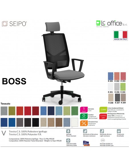 BOSS BS0023 poltrona direzionale schienale rete con poggiatesta e braccioli fissi movimenti F tessuto V SEIPO