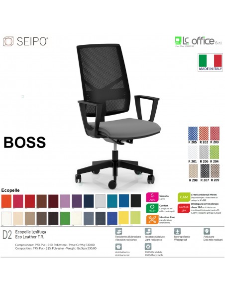 BOSS BS0027 poltrona direzionale schienale rete con braccioli fissi movimenti F ECOPELLE D2 SEIPO