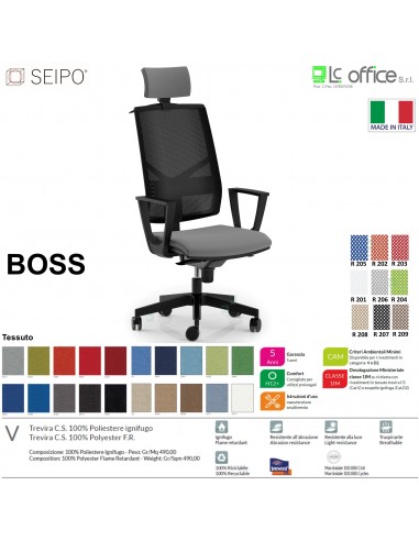 BOSS BS0021 poltrona direzionale schienale rete con poggiatesta e braccioli fissi movimenti R4 tessuto V SEIPO