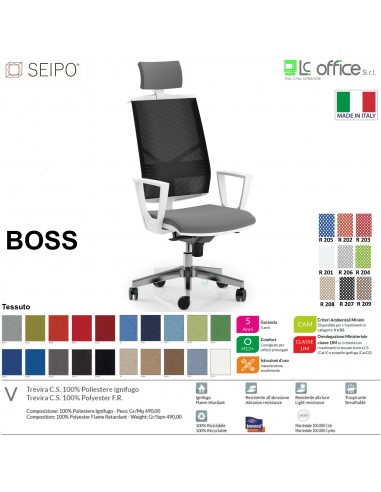 BOSS BS0041 poltrona BIANCA direzionale schienale rete con poggiatesta e braccioli fissi movimenti R4 tessuto V SEIPO