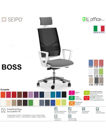BOSS BS0042 poltrona BIANCA direzionale schienale rete con poggiatesta e braccioli fissi movimenti Z ECOPELLE D2 SEIPO