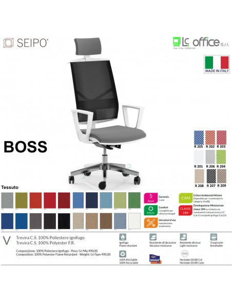 BOSS BS0043 poltrona BIANCA direzionale schienale rete con poggiatesta e braccioli fissi movimenti F ECOPELLE D2 SEIPO