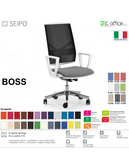 BOSS BS0047 poltrona BIANCA direzionale schienale rete con braccioli fissi movimenti F ECOPELLE D2 SEIPO