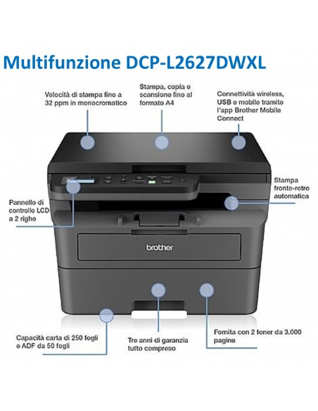 MULTIFUNZIONE BROTHER LASER DCP-L2627DWXL A4 DUPLEX USB2.0 WiFi