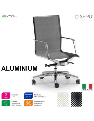 ALUMINIUM AL0004 Poltrona semi direzionale rivestimento in rete braccioli fissi movimento ‘BC’ Seipo