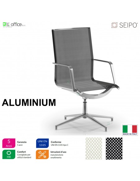 ALUMINIUM AL0010 Poltrona in rete semi direzionale braccioli girevole base 4 razze Seipo