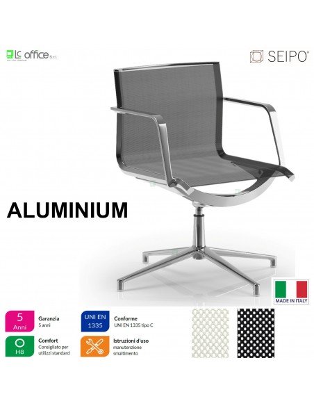 ALUMINIUM AL0011 Poltrona in rete operativa braccioli fissi girevole base 4 razze Seipo