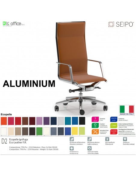ALUMINIUM AL0032 Poltrona schienale alto braccioli movimento oscilante 'BC' Seipo ECOPELLE D2 CLASS 1IM