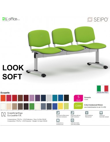 LOOK SOFT L0145G panca 3 posti imbotitte struture grigia SEIPO ECOPELLE D2 Class 1 IM
