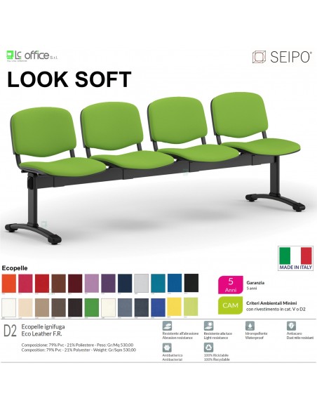 LOOK SOFT L0146N panca 4 posti imbotitte struture NERA SEIPO ECOPELLE D2 Class 1 IM