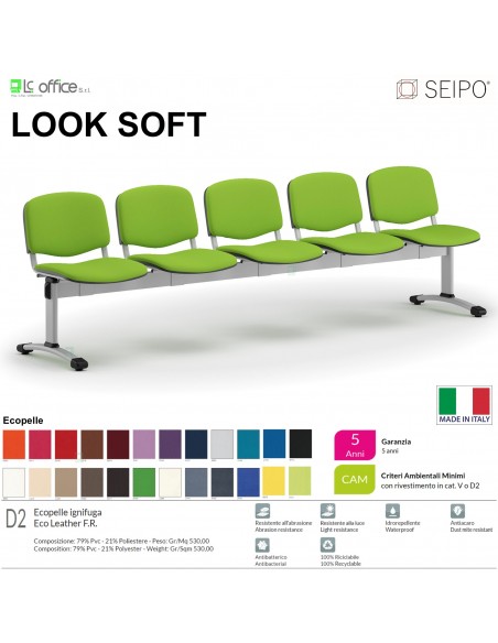 LOOK SOFT L0147G panca 5 posti imbotitte strutture grigia SEIPO ECOPELLE D2 Class 1 IM