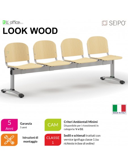LOOK WOOD LF0146G Panca 4 posti telaio grigio sedile e schienale in faggio SEIPO
