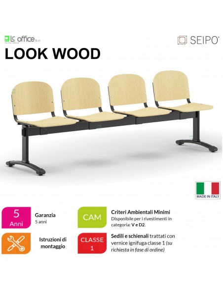 LOOK WOOD LF0146N Panca 4 posti telaio nero sedile e schienale in faggio SEIPO
