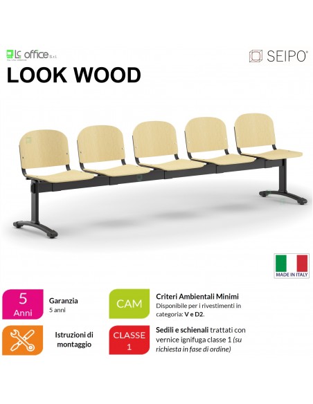 LOOK WOOD LF0147N Panca 5 posti telaio nero sedile e schienale in faggio SEIPO