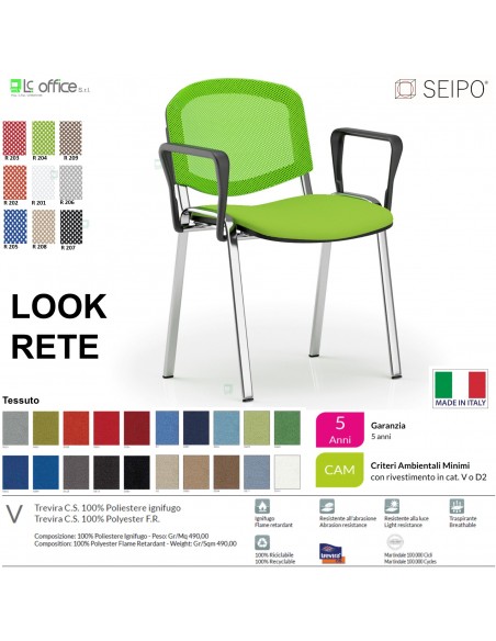 LOOK MESH LR0137C sedia impilabile base cromata schienale rete braccioli tessuto V SEIPO