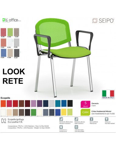 LOOK MESH LR0137C sedia impilabile schienale rete base cromata braccioli ecopelle D2 SEIPO