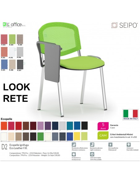 LOOK MESH LR0138C sedia impilabile base cromata schienale rete tavoletta Ecopelle D2 SEIPO