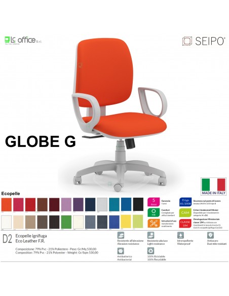 GLOBE G0026 Poltrona grigia operativa Movimento sincronizzato "R2" braccioli schienale basso SEIPO ECOPELLE D2