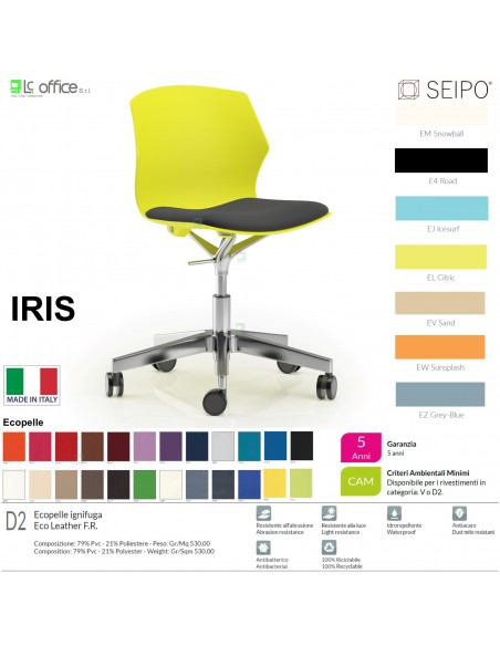 IRIS POLY IR0012 Sedia girevole visitatore base alluminum cinque razze su ruote monoscocca SEIPO ECOPELLE D2