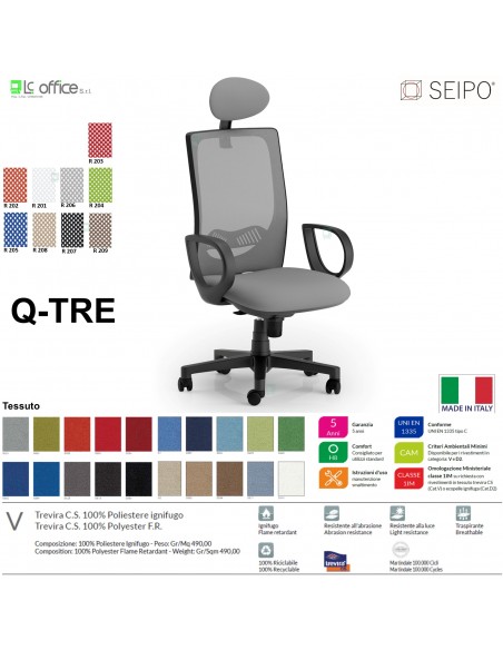 Q-TRE Q0041 Poltrona schienale alto in rete braccioli e pogiatesta Movimento sincronizzato "R2" SEIPO TESSUTO V