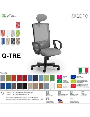 Q-TRE Q0042 Poltrona schienale alto in rete braccioli e pogiatesta Movimento sincronizzato "R4" SEIPO TESSUTO V