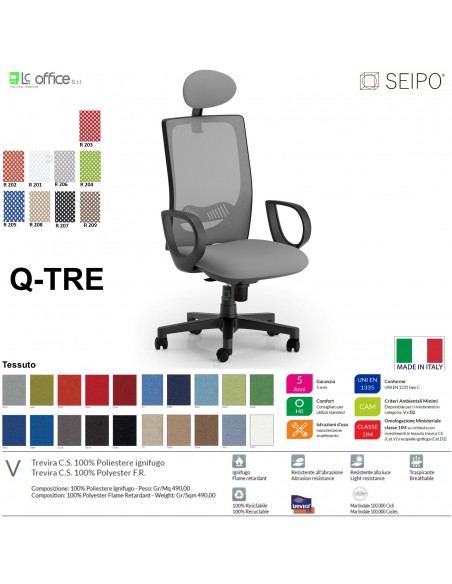 Q-TRE Q0042 Poltrona schienale alto in rete braccioli e pogiatesta Movimento sincronizzato "R4" SEIPO TESSUTO V